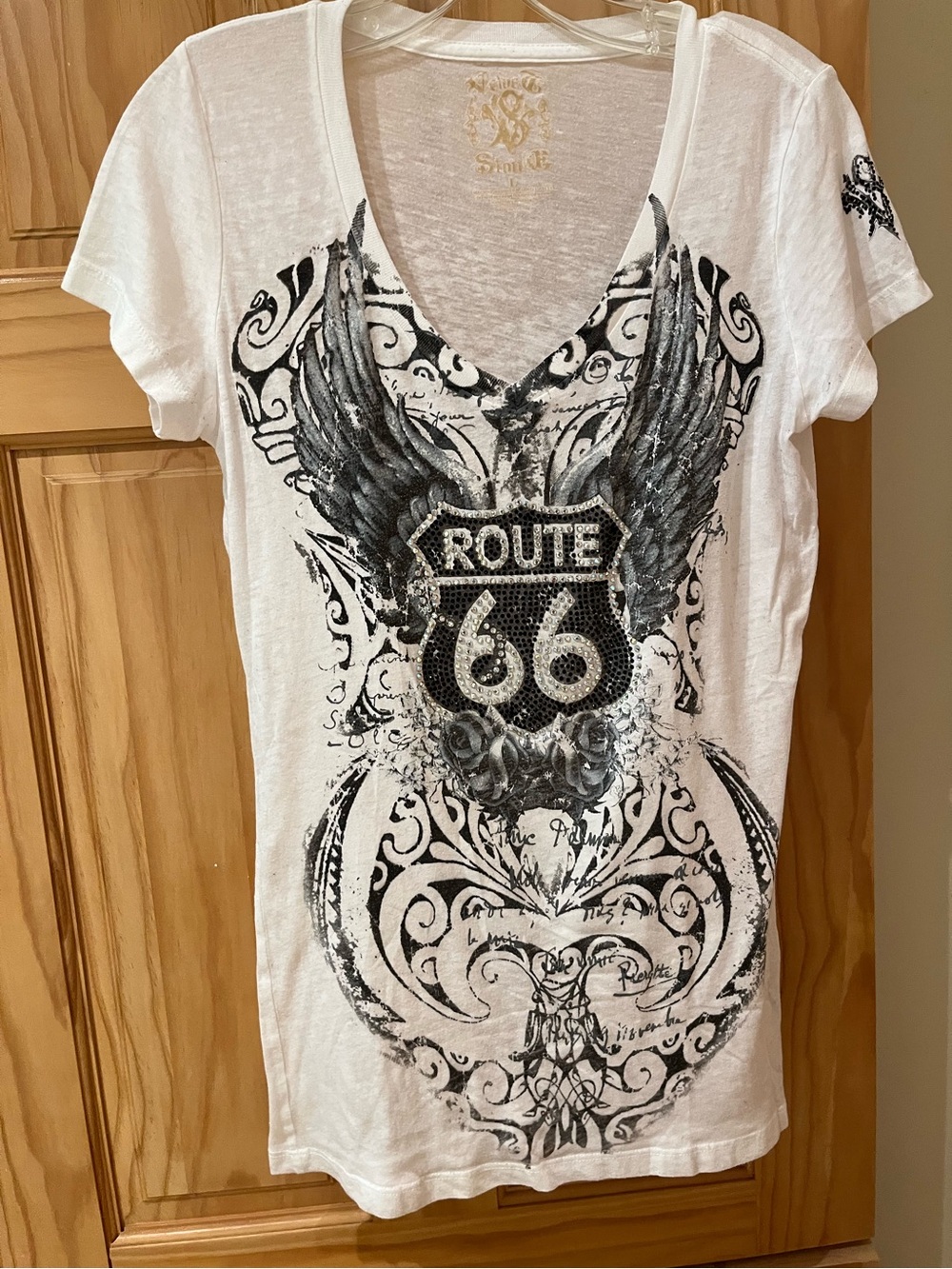SOUL E Route 66 Rhinestone Wing Graphic T-Shirt Made in USA Size L